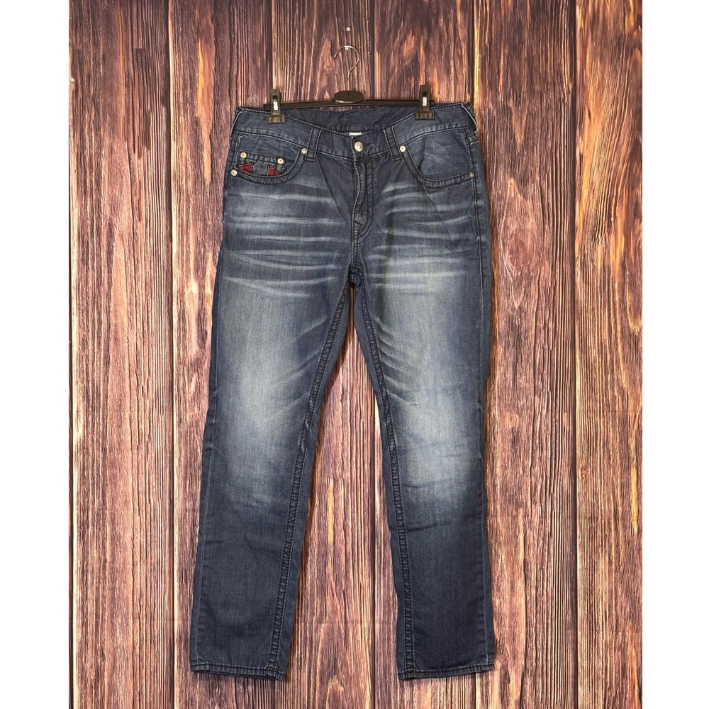 True Religion Rocco Jeans Mens 38 Dark Wash Straight Leg Red Plaid Pockets Logo